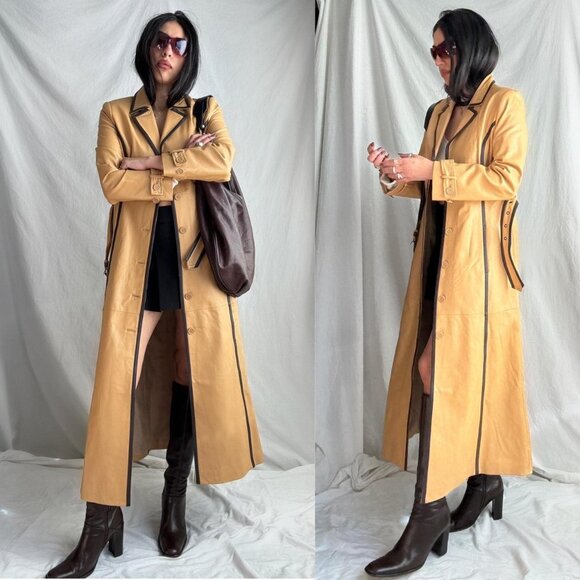 Newport News Camel Women's Genuine Leather Long Trench Coat Size M - Picture 1 of 11